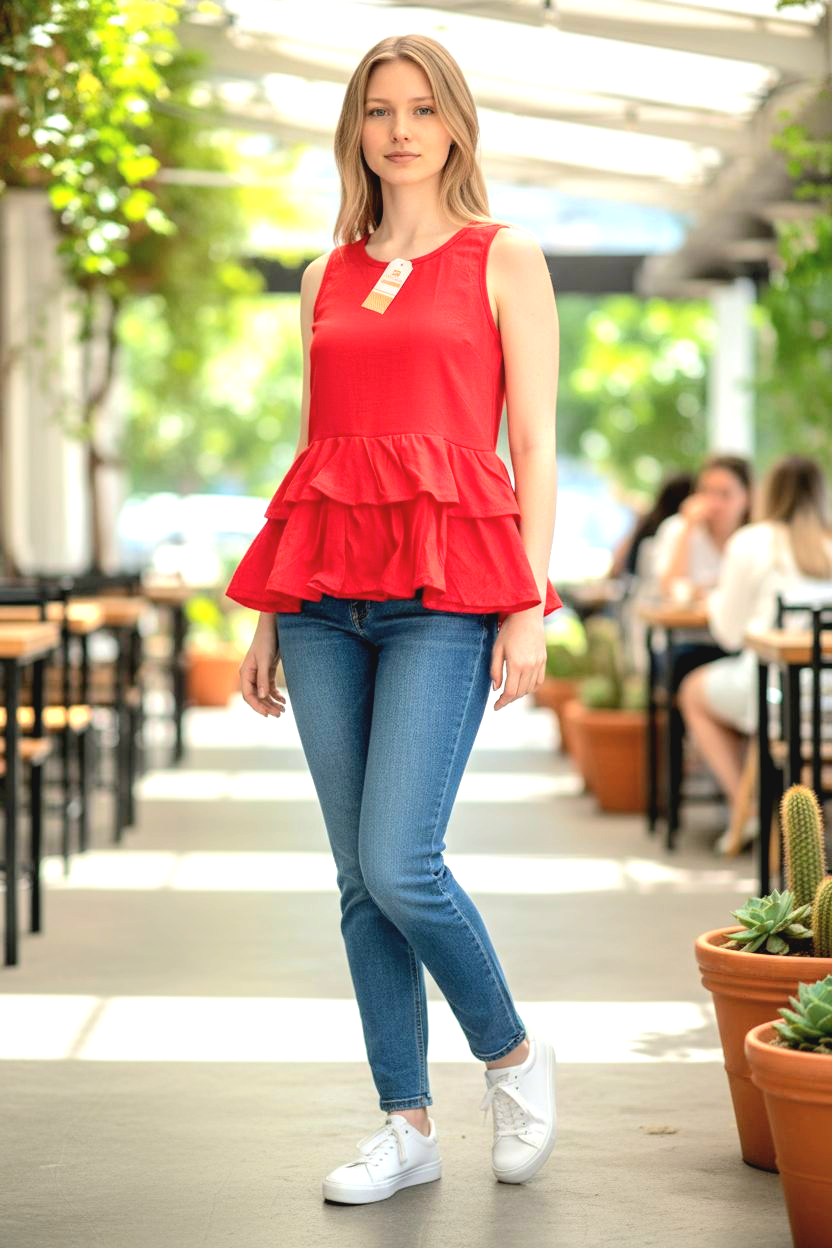 Ladies Red Sleeveless Peplum Blouse
