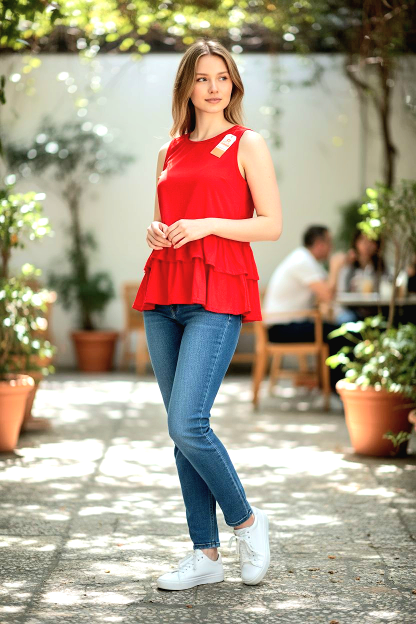 Ladies Red Sleeveless Peplum Blouse