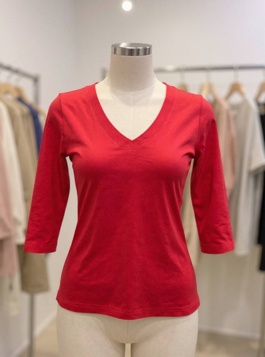 FD Red V Neck Elbow Sleeve Tee
